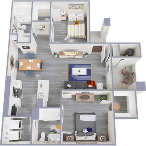 Floor plan for 2 beds, 2 baths, 940 sqft
